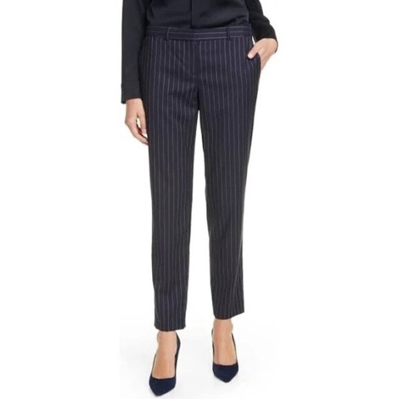 Boss Womens Striped Virgin Wool Tiluna Slim Suit Trouser Pants Pockets Navy Sz 4 - Picture 1 of 9